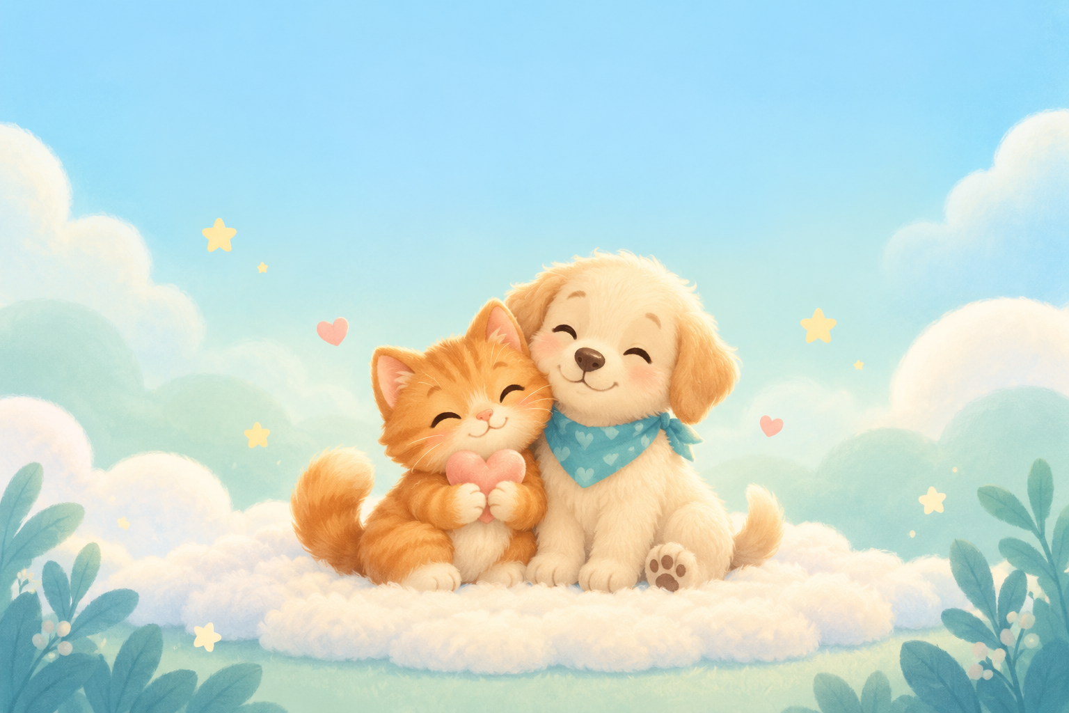 橘猫和奶油色小狗抱着爱心，坐在云朵上